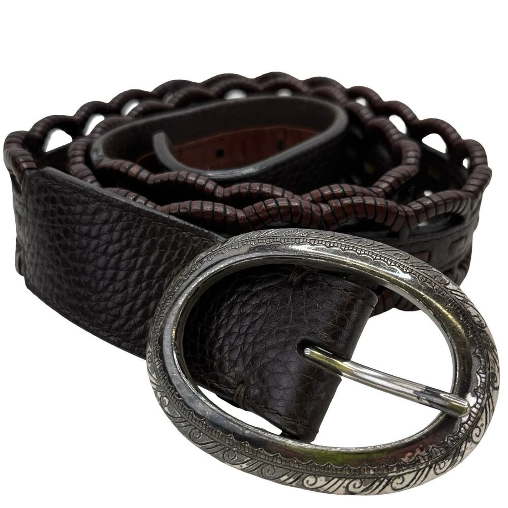 Brighton Brown Leather Belt Silver Buckle Woven Cutout Western Boho 36 B30908
